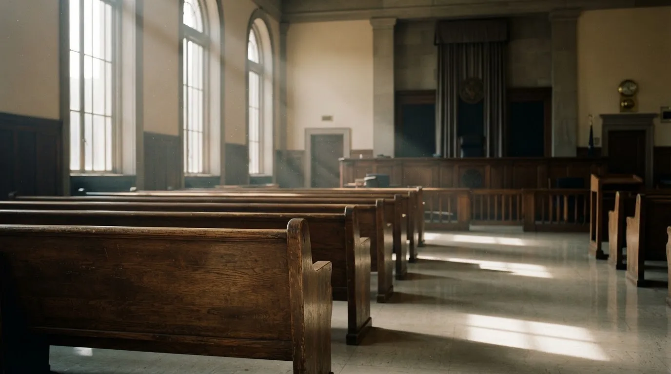 An empty courtroom with wooden benches in morning light