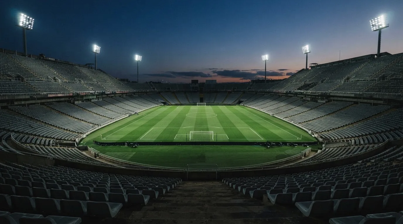 An empty football stadium with floodlight masts at dusk