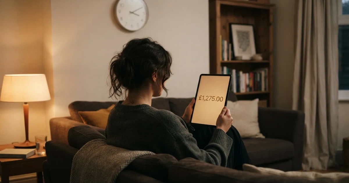 A person on a sofa looking thoughtfully at a tablet, a wall clock in the background