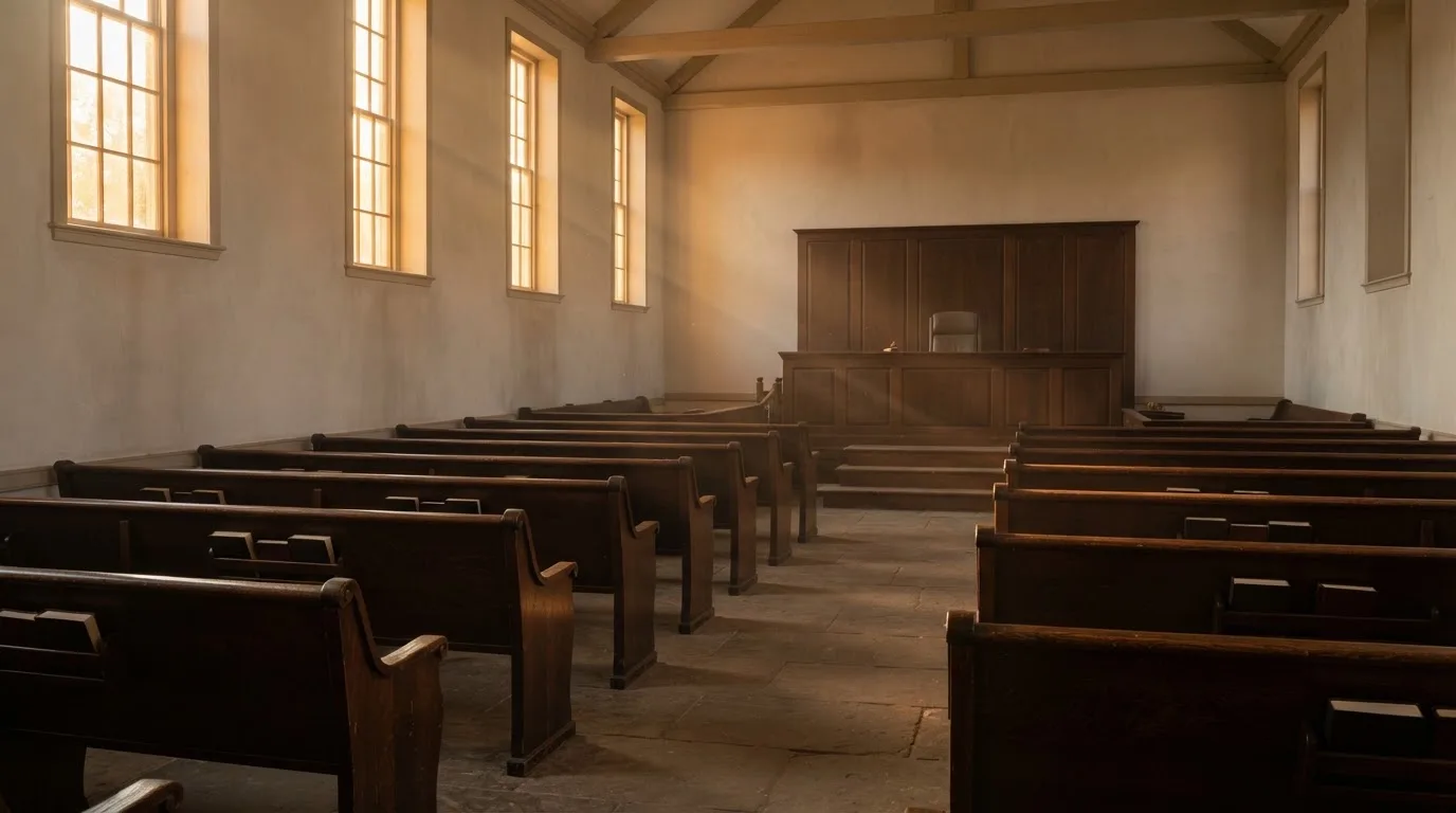 An empty courtroom with wooden benches in morning light