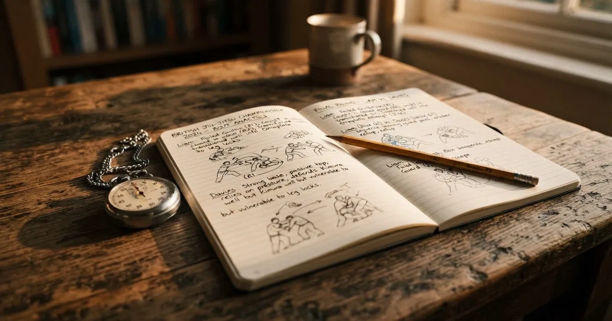 An open notebook with a pencil and a stopwatch on a wooden table