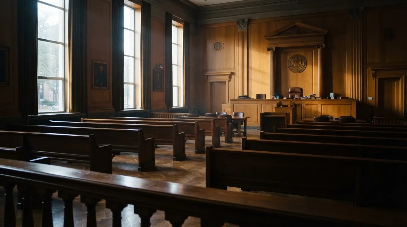 An empty courtroom with wooden benches in morning light