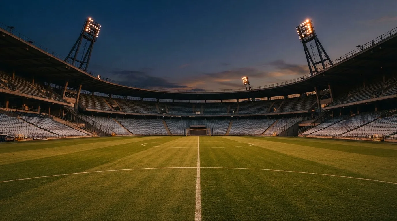 An empty football stadium with floodlight masts at dusk