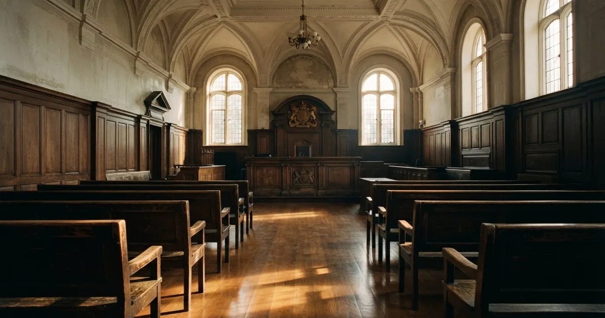 An empty courtroom with wooden benches in morning light