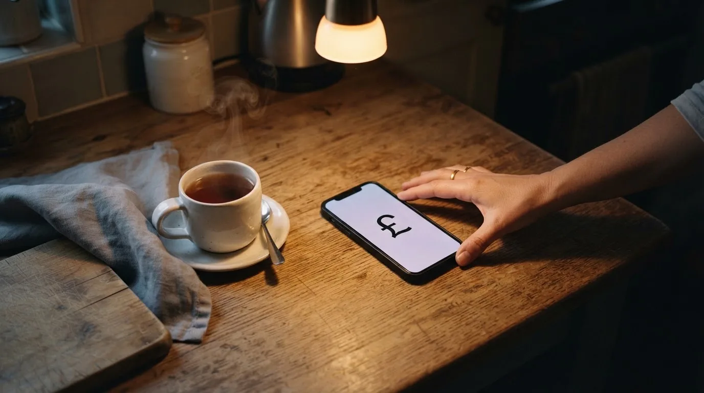 A hand setting a smartphone down beside a cup of tea on a kitchen table on a quiet evening