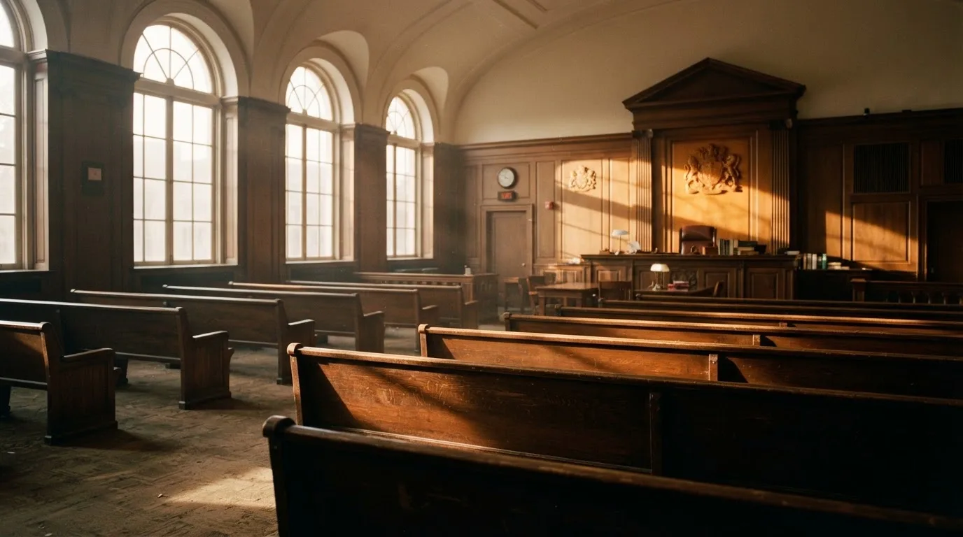 An empty courtroom with wooden benches in morning light
