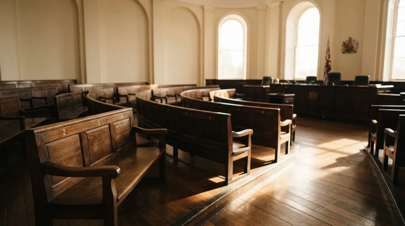 An empty courtroom with wooden benches in morning light