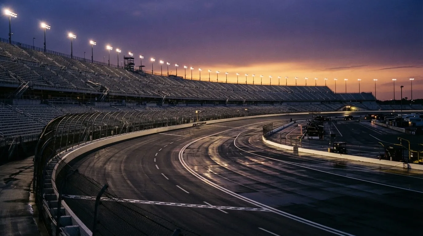 An empty football stadium with floodlight masts at dusk