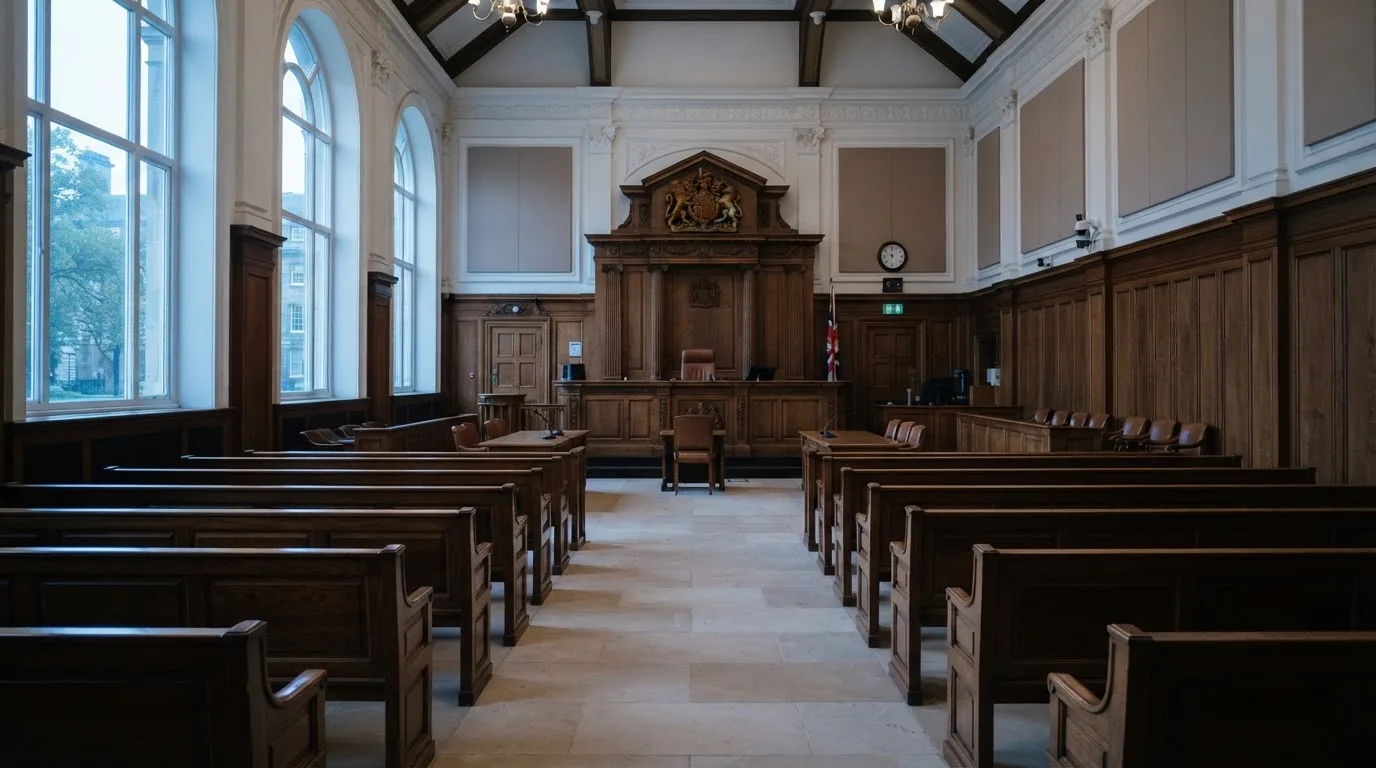 An empty courtroom with wooden benches in morning light