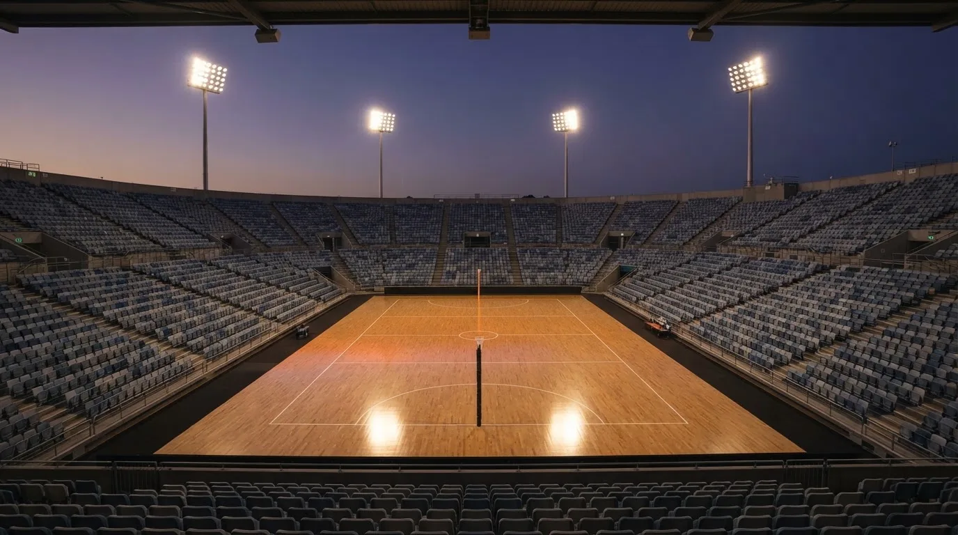 An empty football stadium with floodlight masts at dusk