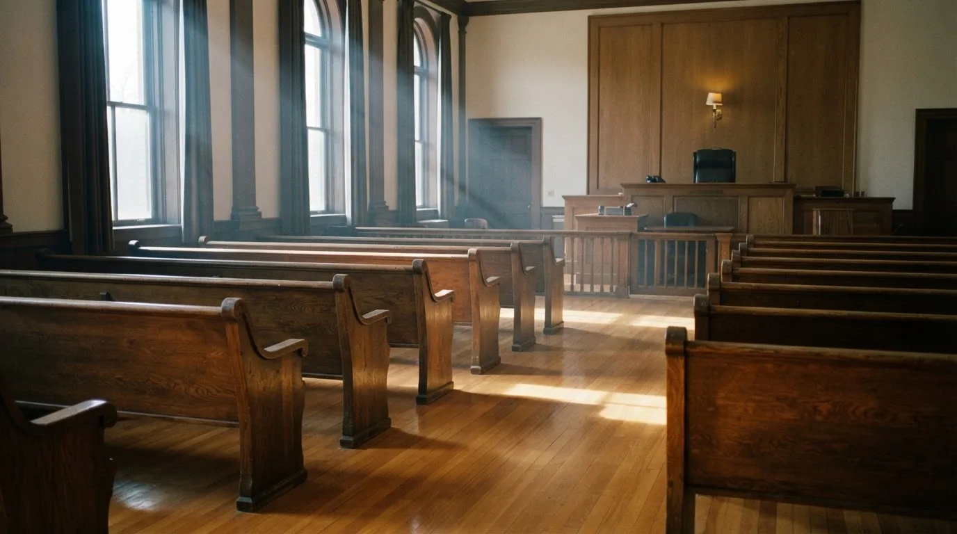 An empty courtroom with wooden benches in morning light