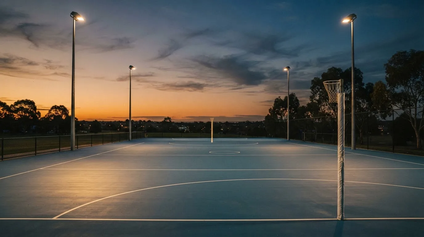 An empty football stadium with floodlight masts at dusk