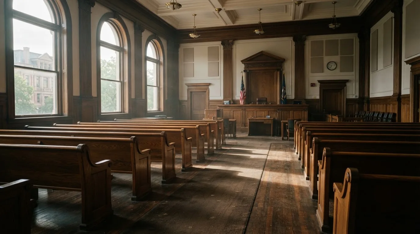 An empty courtroom with wooden benches in morning light