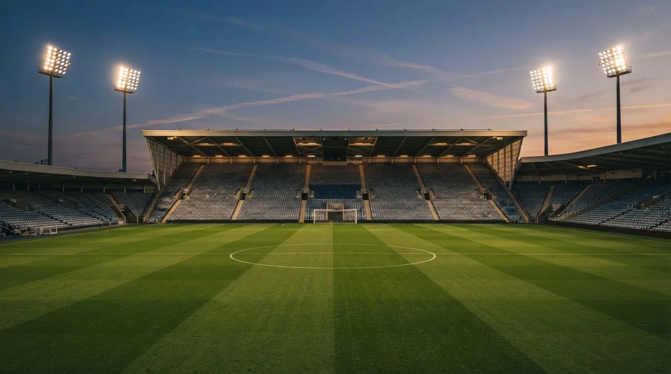 An empty football stadium with floodlight masts at dusk