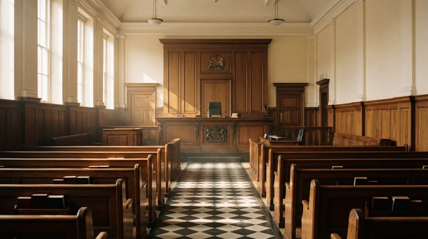 An empty courtroom with wooden benches in morning light