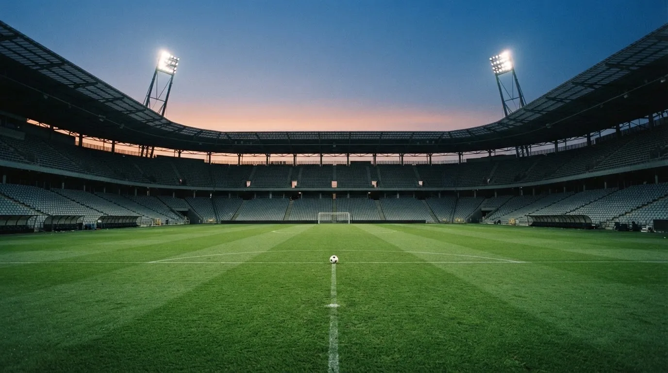 An empty football stadium with floodlight masts at dusk