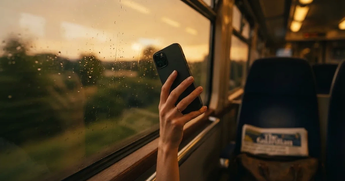 A hand holding a smartphone on a train in the evening, screen turned away