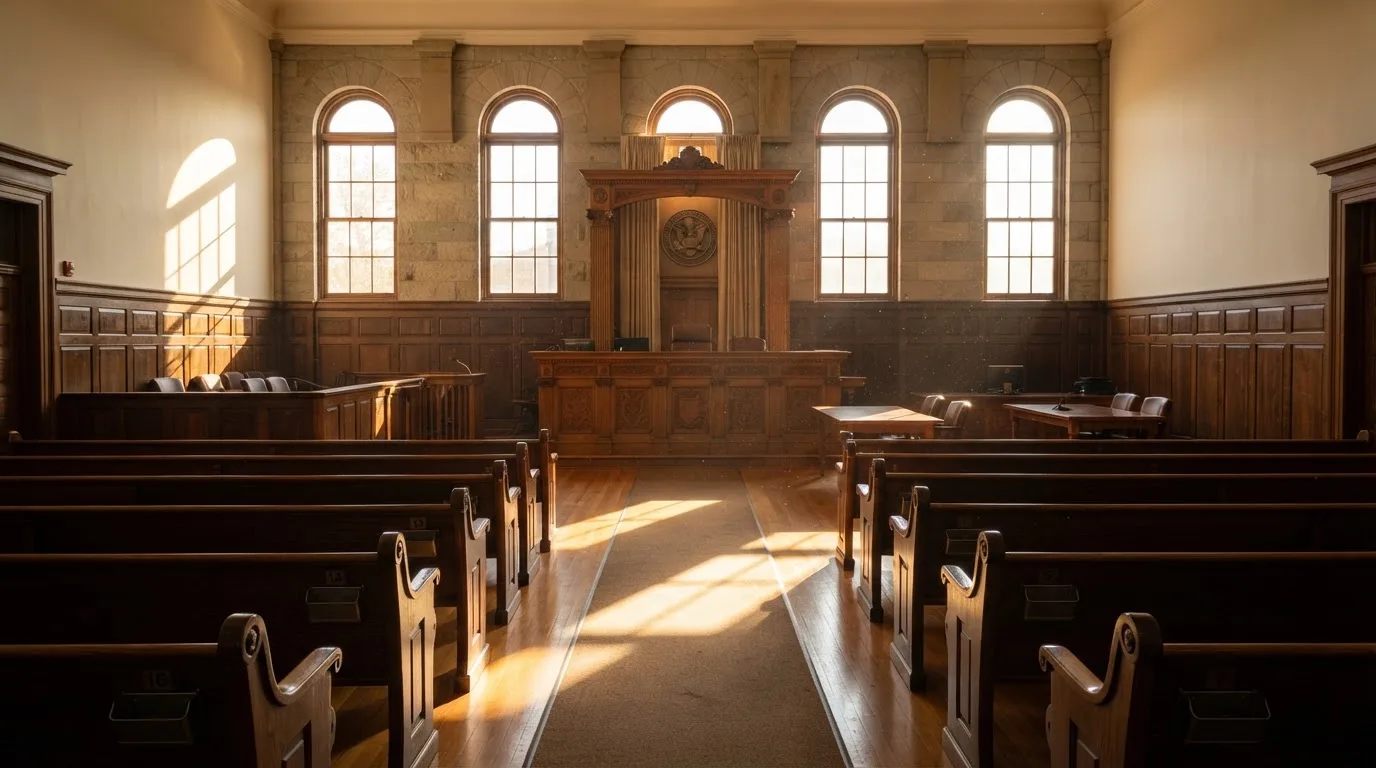 An empty courtroom with wooden benches in morning light