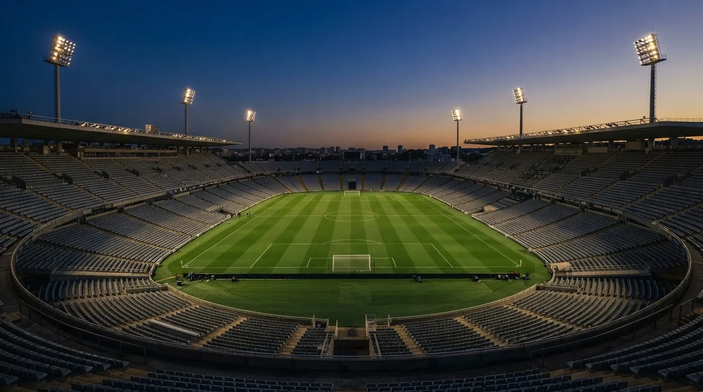 An empty football stadium with floodlight masts at dusk