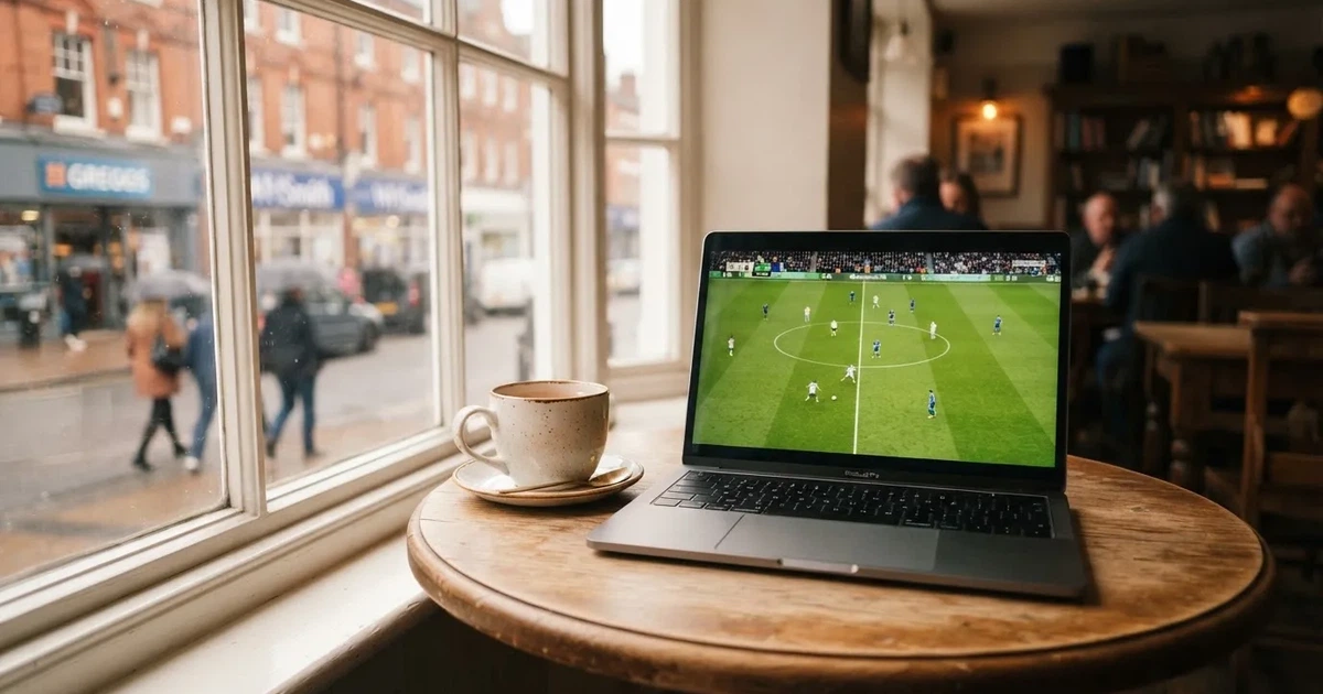 A laptop on a café table by a window onto the street