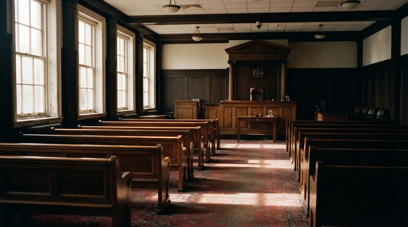 An empty courtroom with wooden benches in morning light