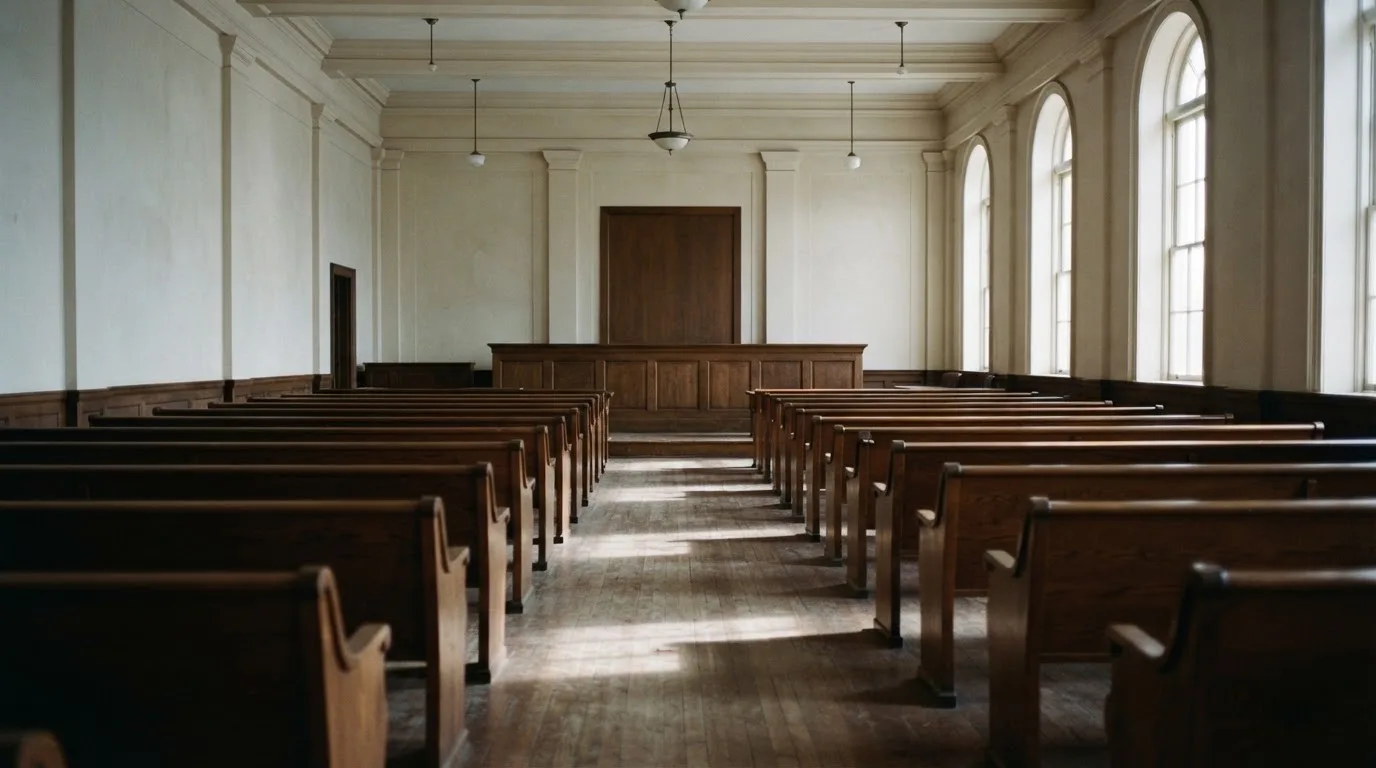 An empty courtroom with wooden benches in morning light