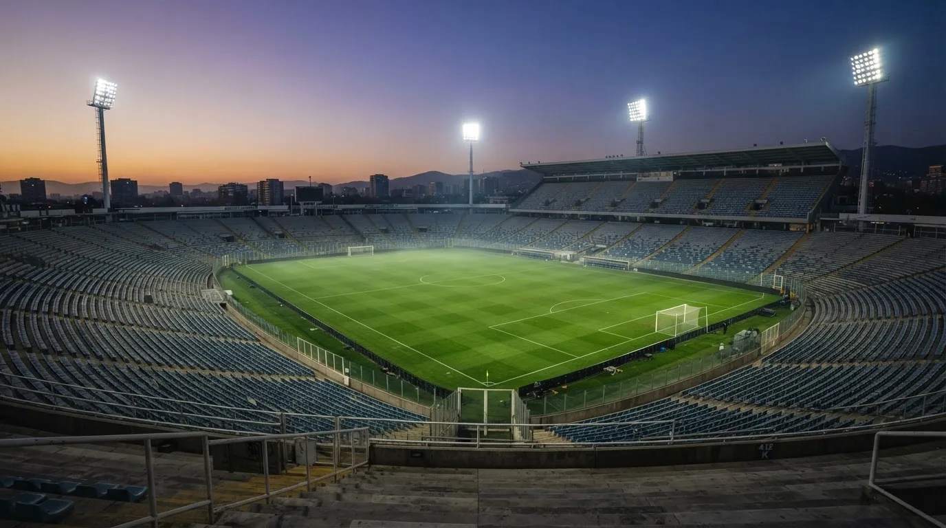 An empty football stadium with floodlight masts at dusk