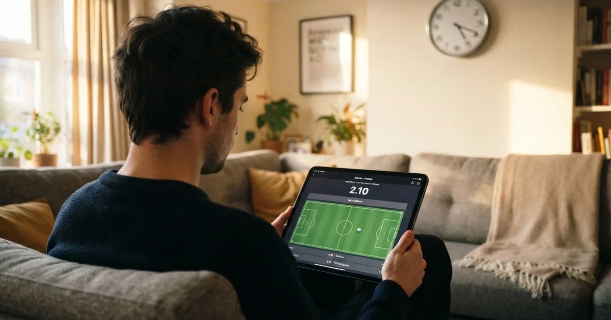 A person on a sofa looking thoughtfully at a tablet, a wall clock in the background