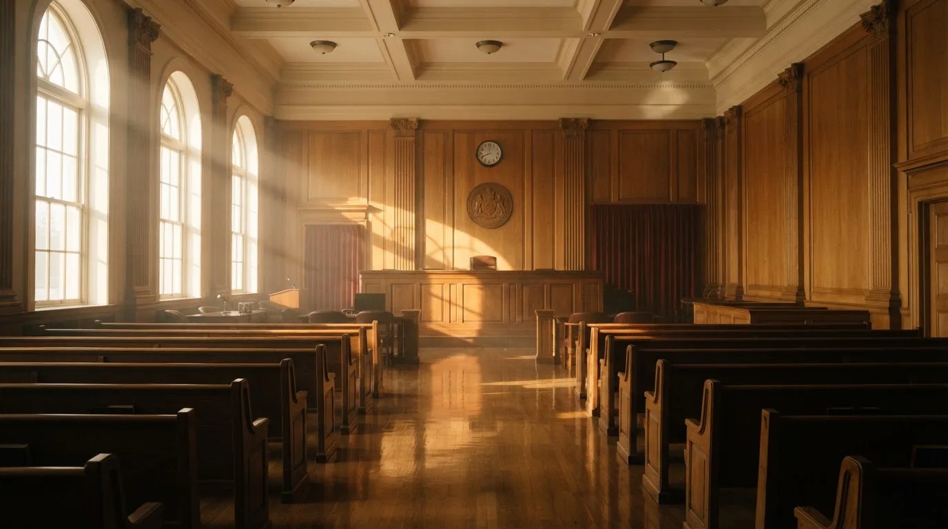 An empty courtroom with wooden benches in morning light