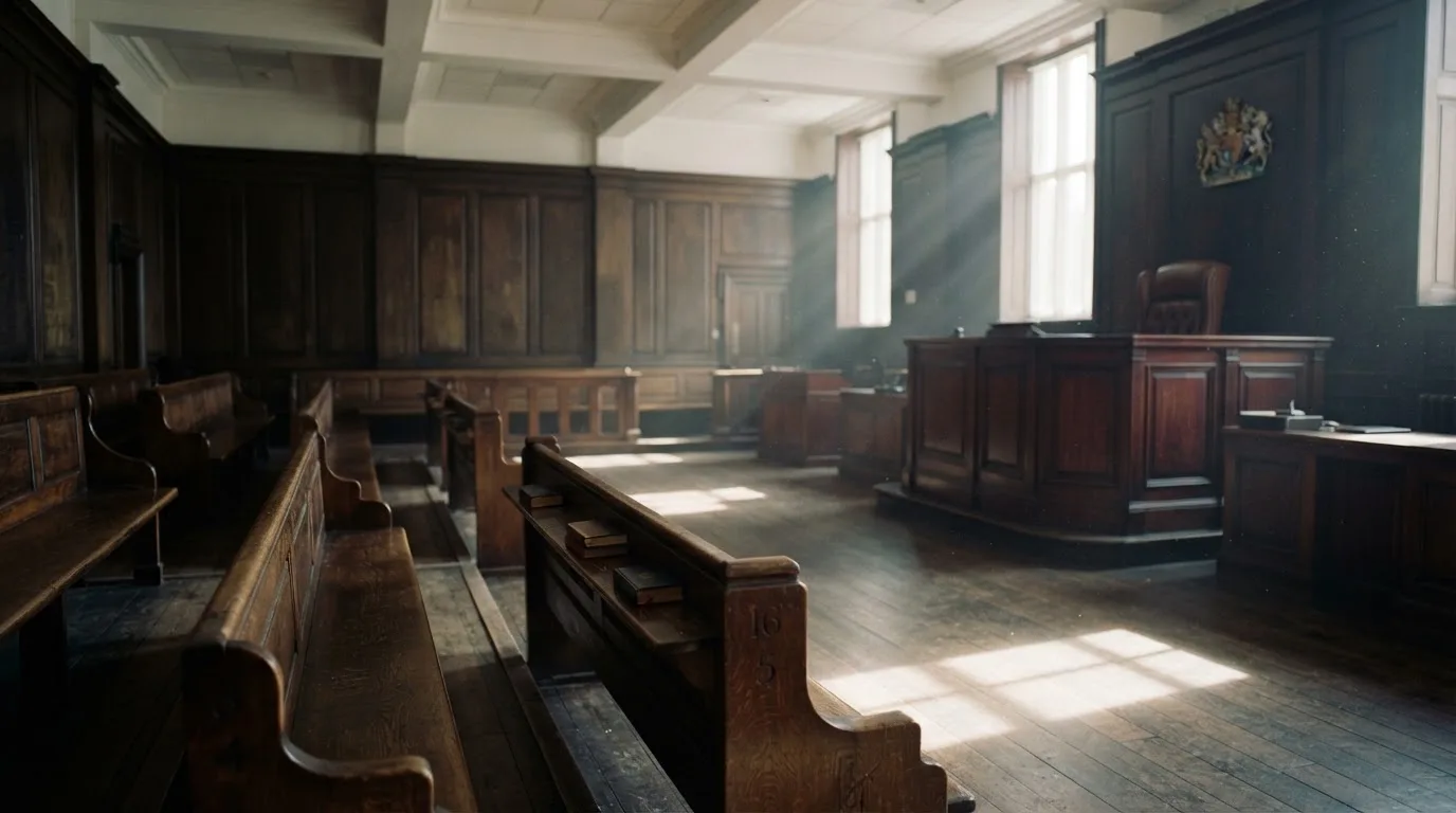 An empty courtroom with wooden benches in morning light