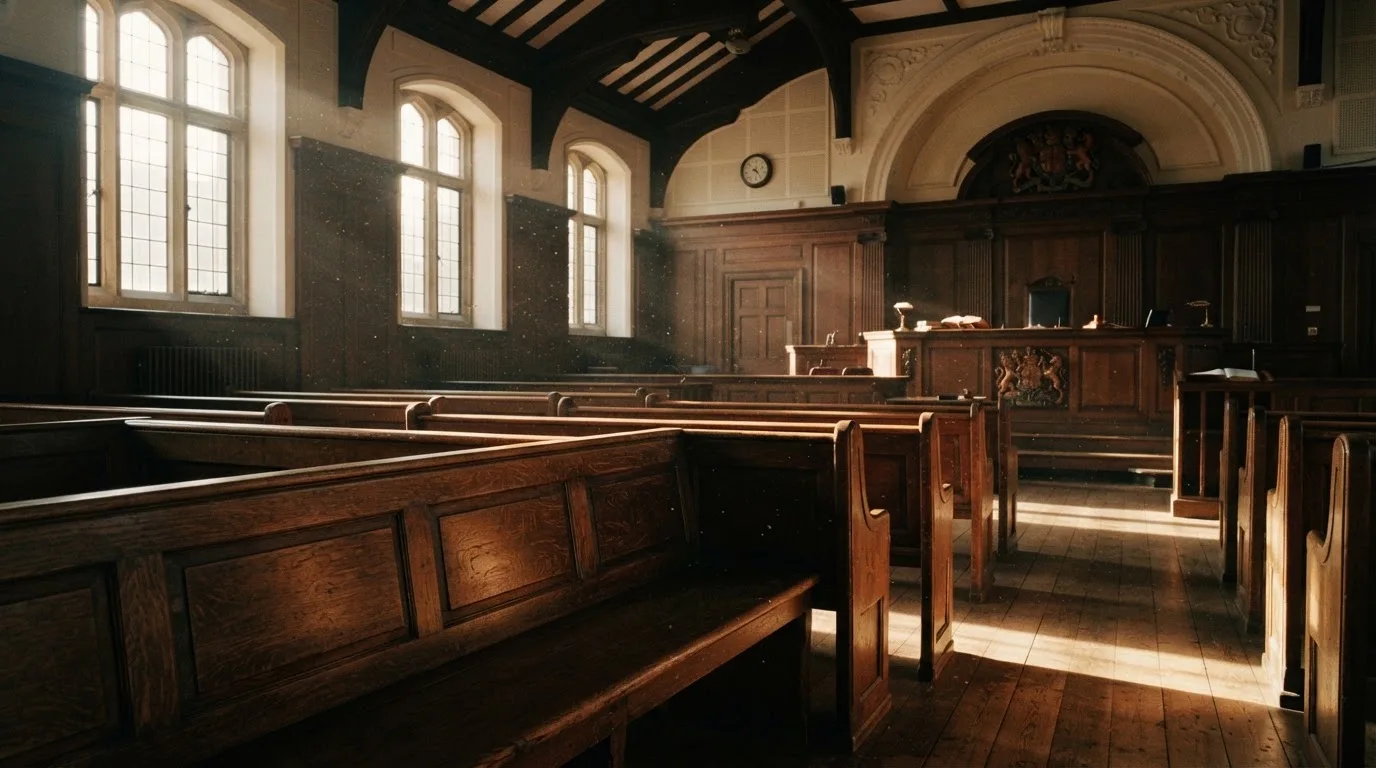 An empty courtroom with wooden benches in morning light