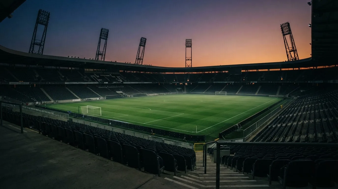 An empty football stadium with floodlight masts at dusk