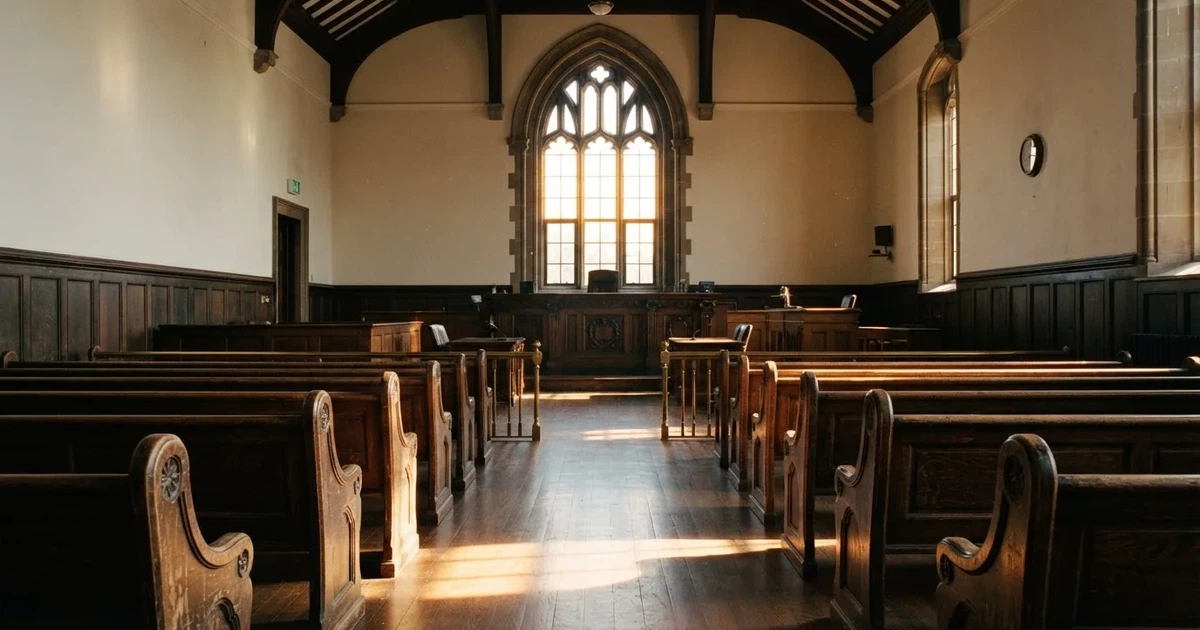 An empty courtroom with wooden benches in morning light