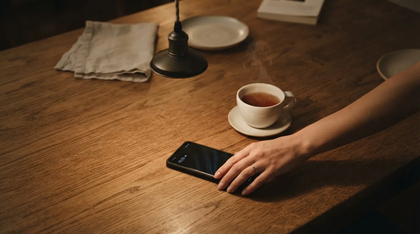 A hand setting a smartphone down beside a cup of tea on a kitchen table on a quiet evening