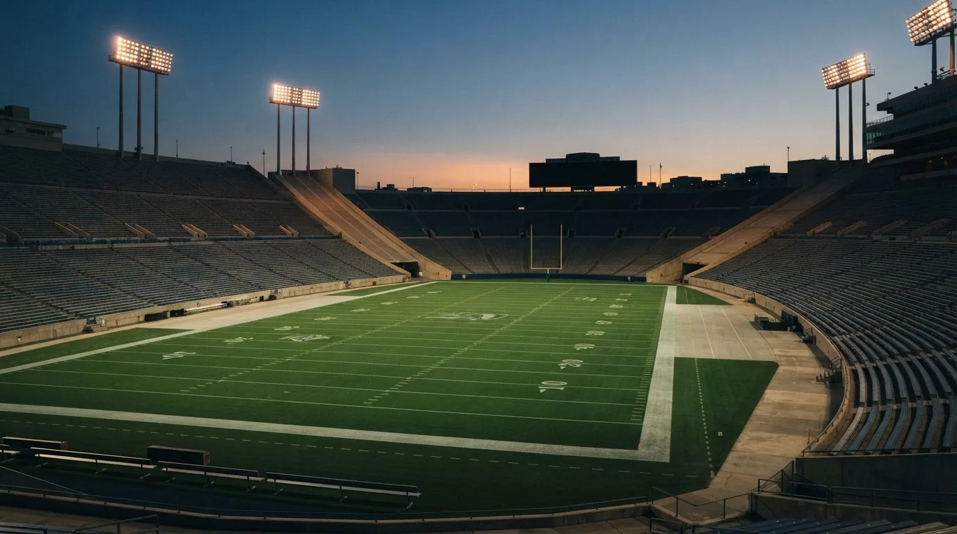 An empty football stadium with floodlight masts at dusk