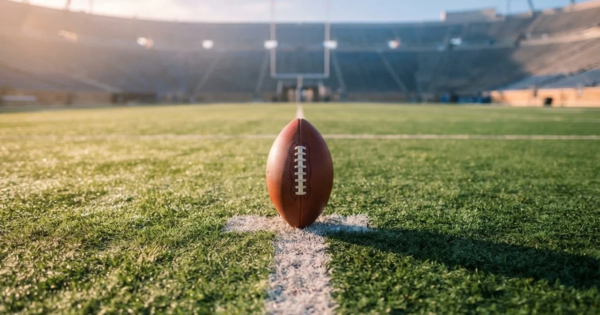 A ball on the centre spot of a grass pitch in morning light
