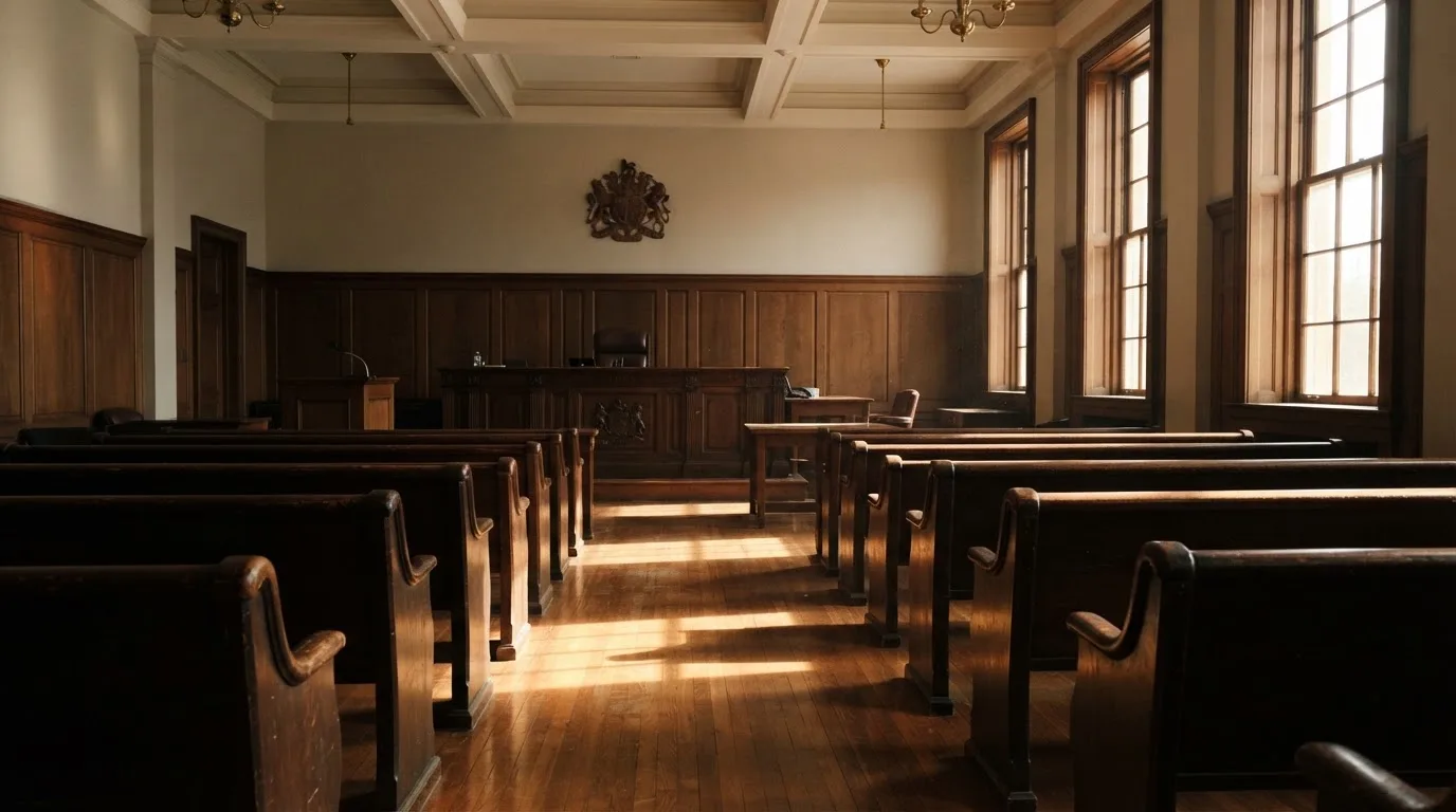 An empty courtroom with wooden benches in morning light