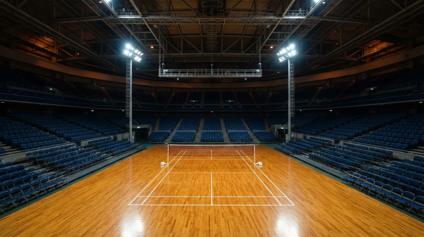 An empty football stadium with floodlight masts at dusk