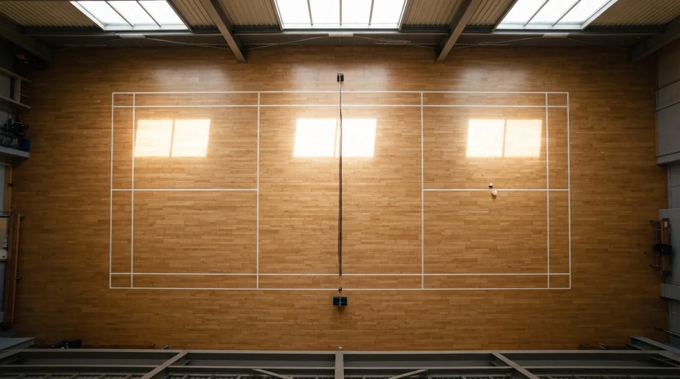 An empty courtroom with wooden benches in morning light