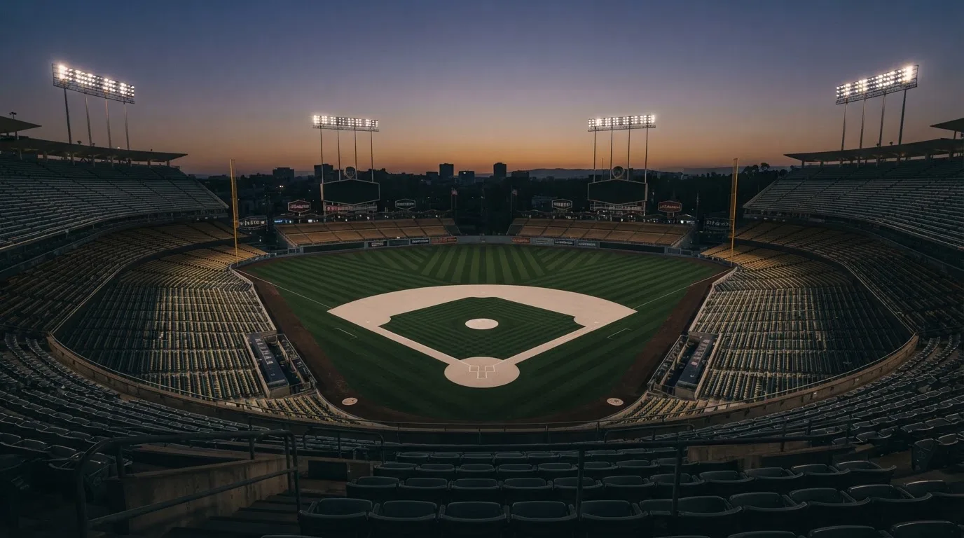 An empty football stadium with floodlight masts at dusk