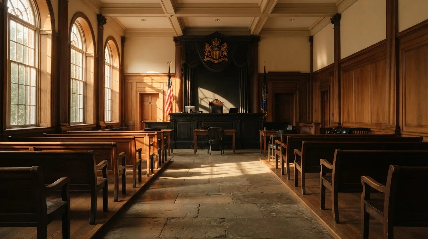 An empty courtroom with wooden benches in morning light
