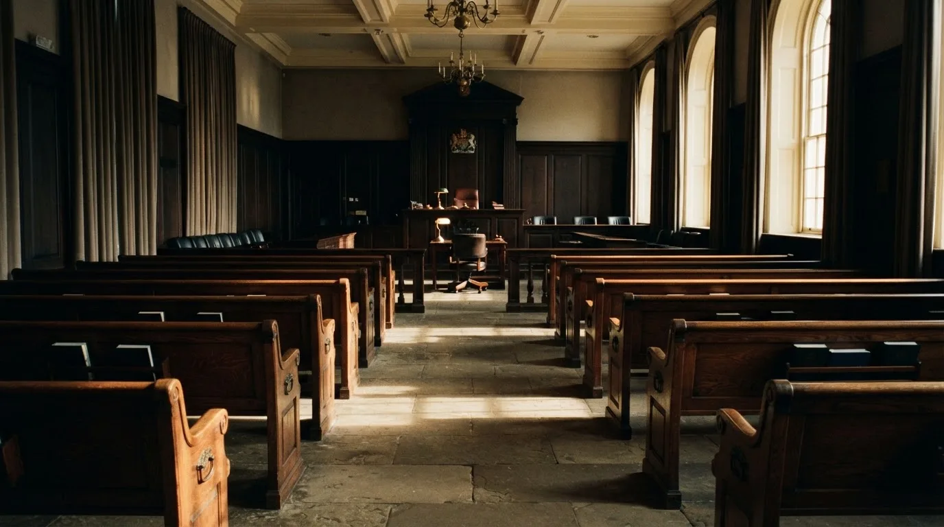 An empty courtroom with wooden benches in morning light