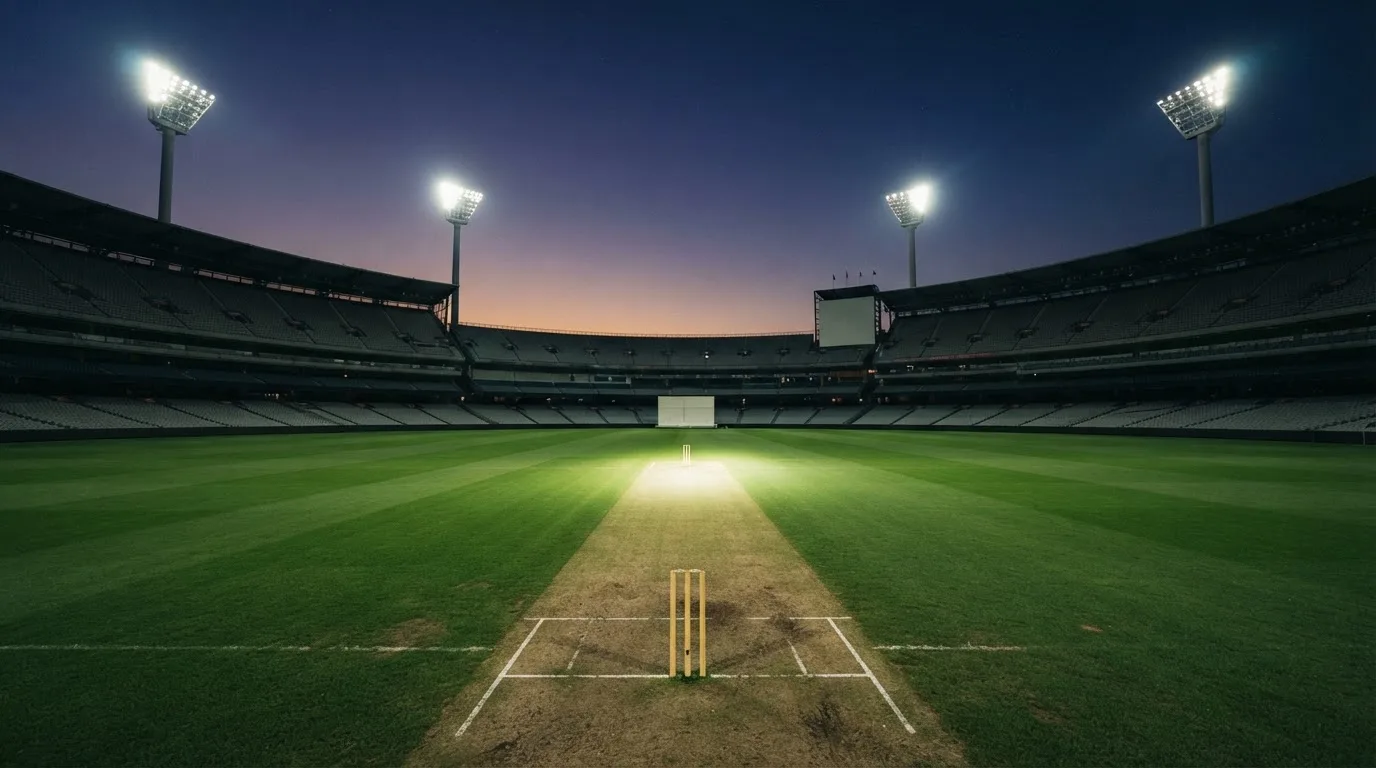 An empty football stadium with floodlight masts at dusk