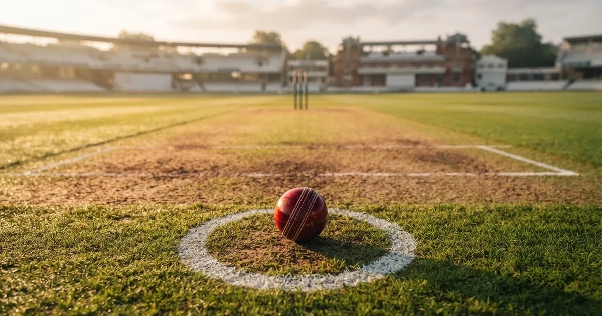 A ball on the centre spot of a grass pitch in morning light