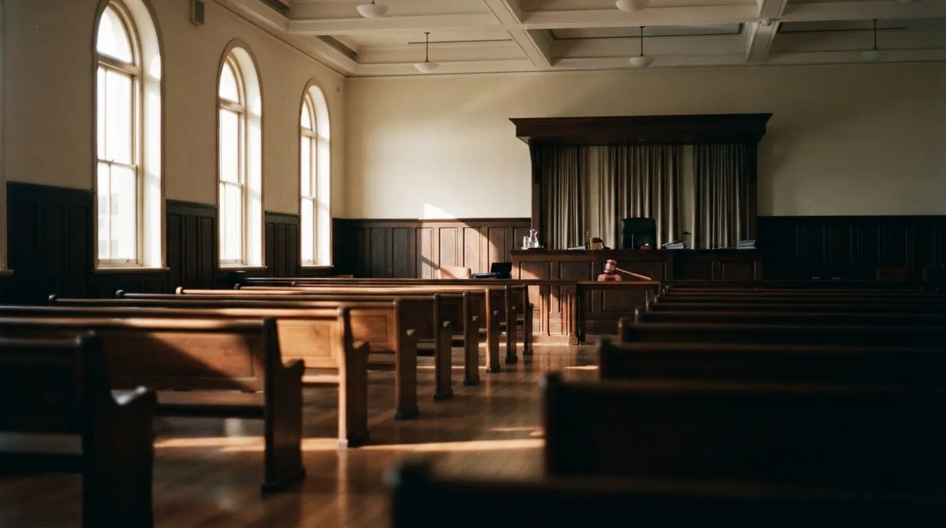 An empty courtroom with wooden benches in morning light