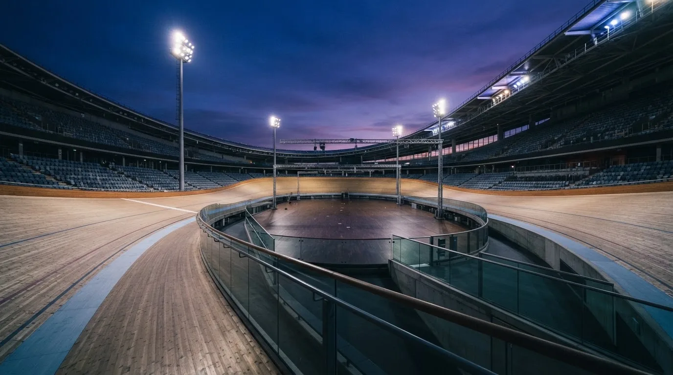 An empty football stadium with floodlight masts at dusk