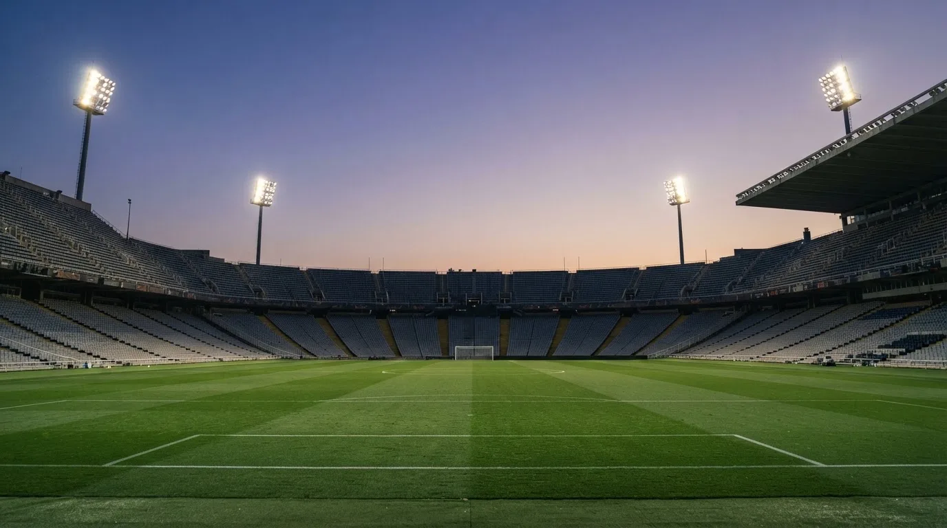 An empty football stadium with floodlight masts at dusk