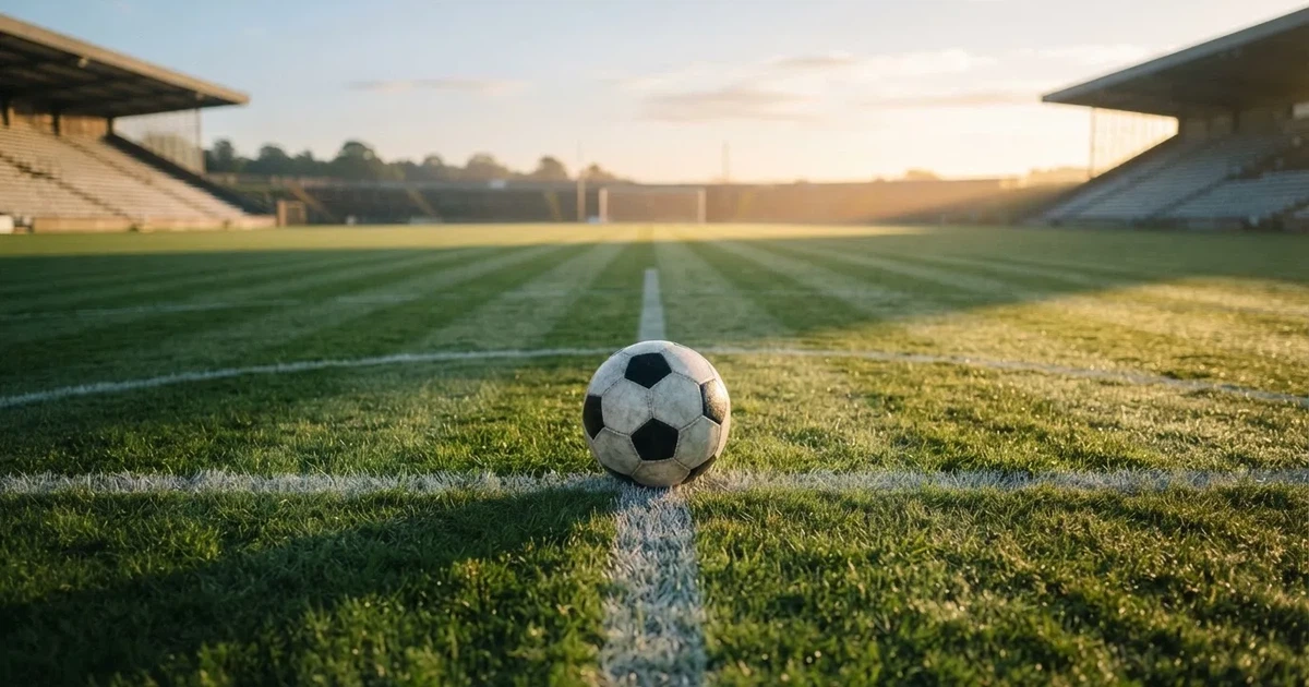 A ball on the centre spot of a grass pitch in morning light
