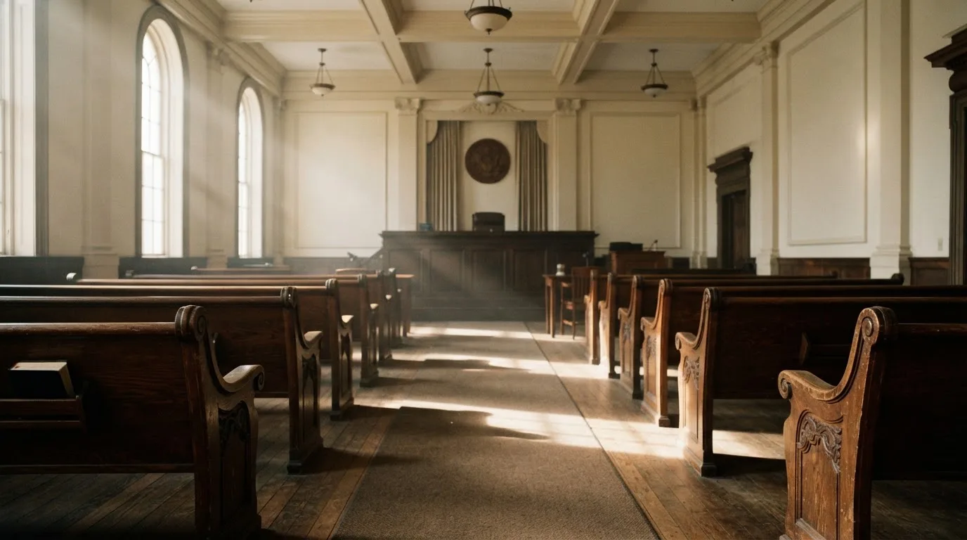 An empty courtroom with wooden benches in morning light