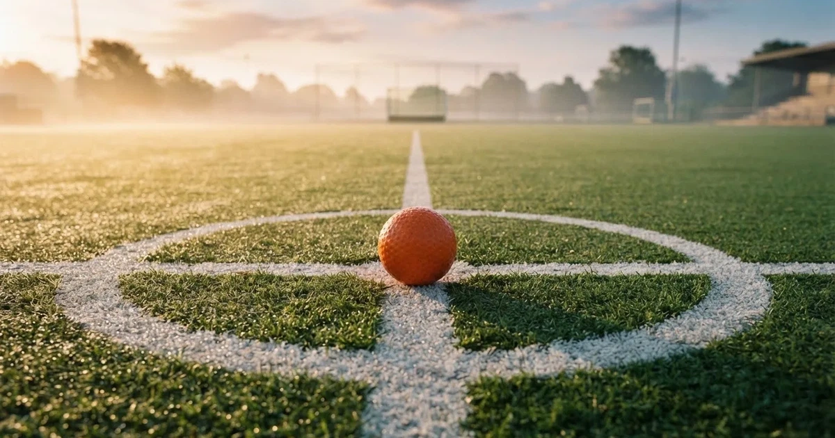 A ball on the centre spot of a grass pitch in morning light